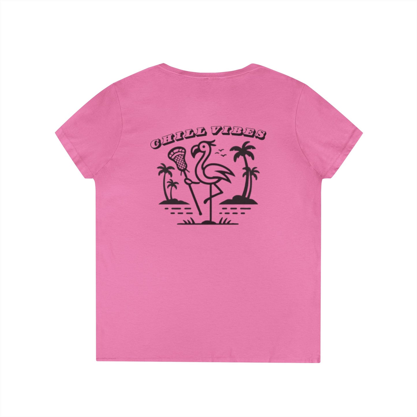 Chill Vibes Ladies' V-Neck T-Shirt with Flamingo Design