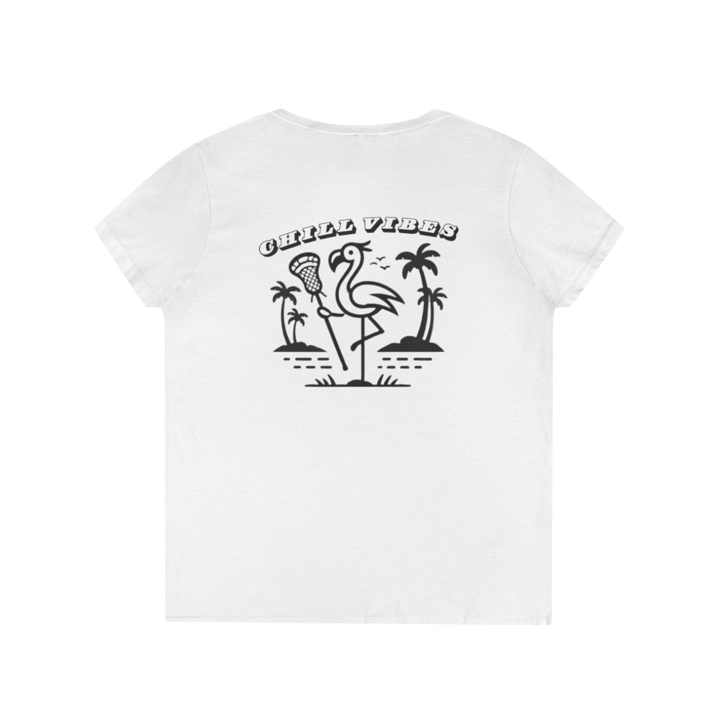 Chill Vibes Ladies' V-Neck T-Shirt with Flamingo Design